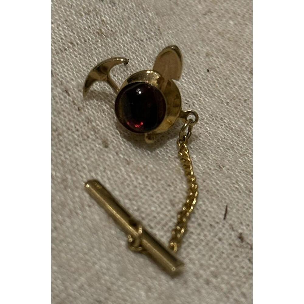 Vintage Gold Miner Pick Shovel Round Red Gold Tone Color Tie Tack MCM